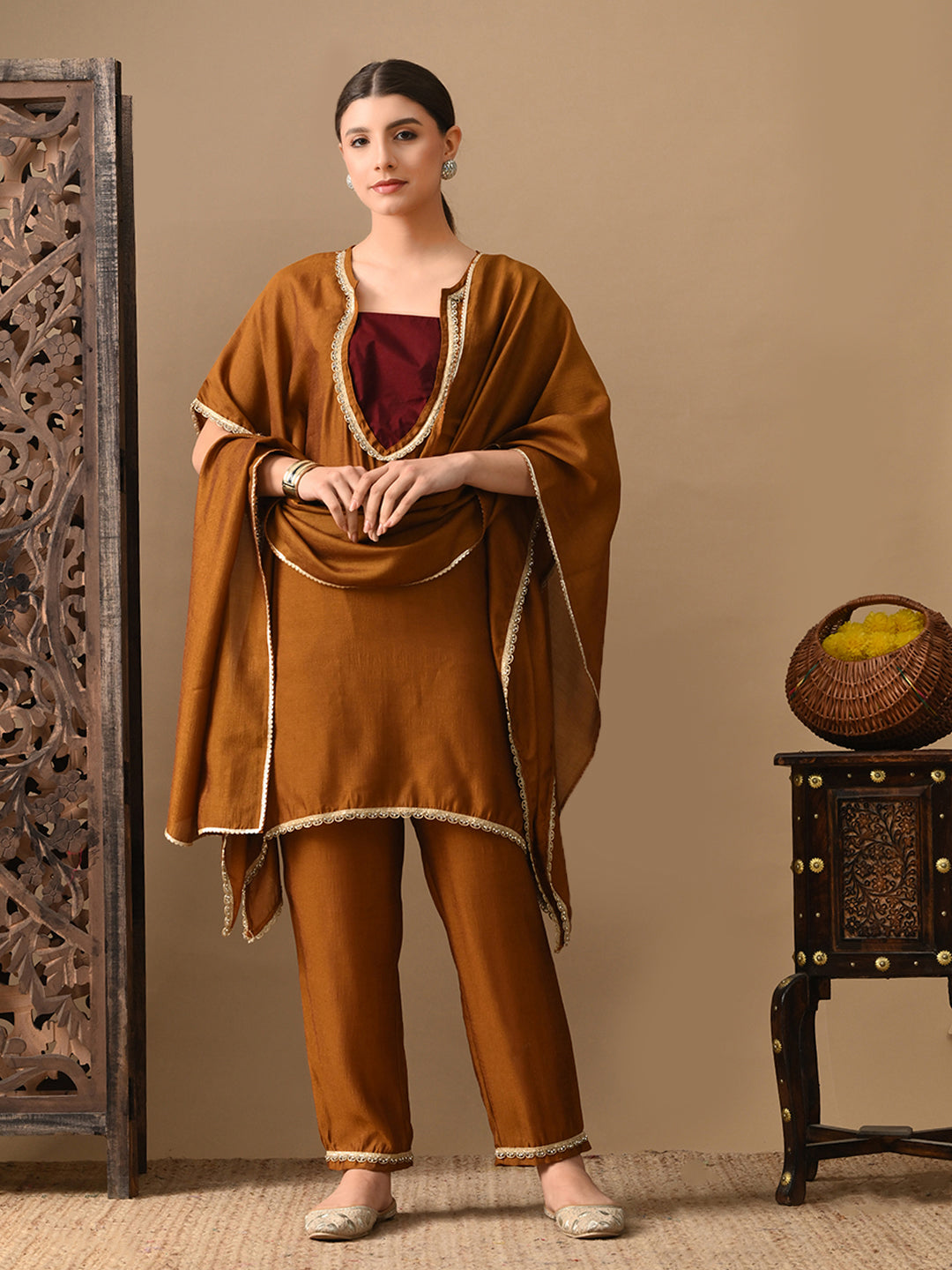 Myshka Mustard Silk Blend Kaftan Sweetheart Neck Short Sleeves Kurta Trousers With Dupatta