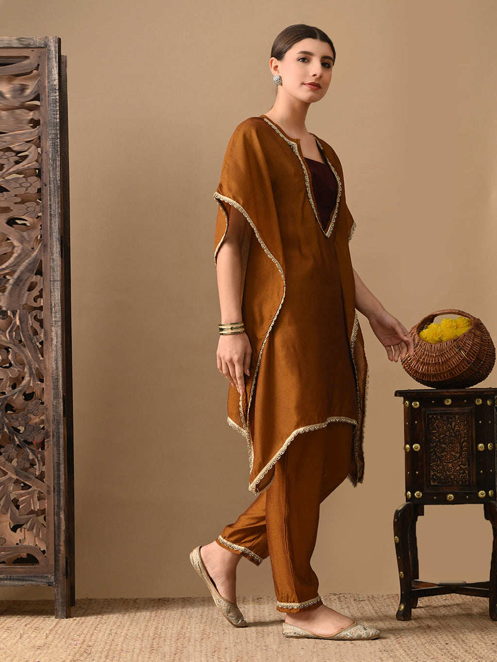 Myshka Mustard Silk Blend Kaftan Sweetheart Neck Short Sleeves Kurta Trousers With Dupatta