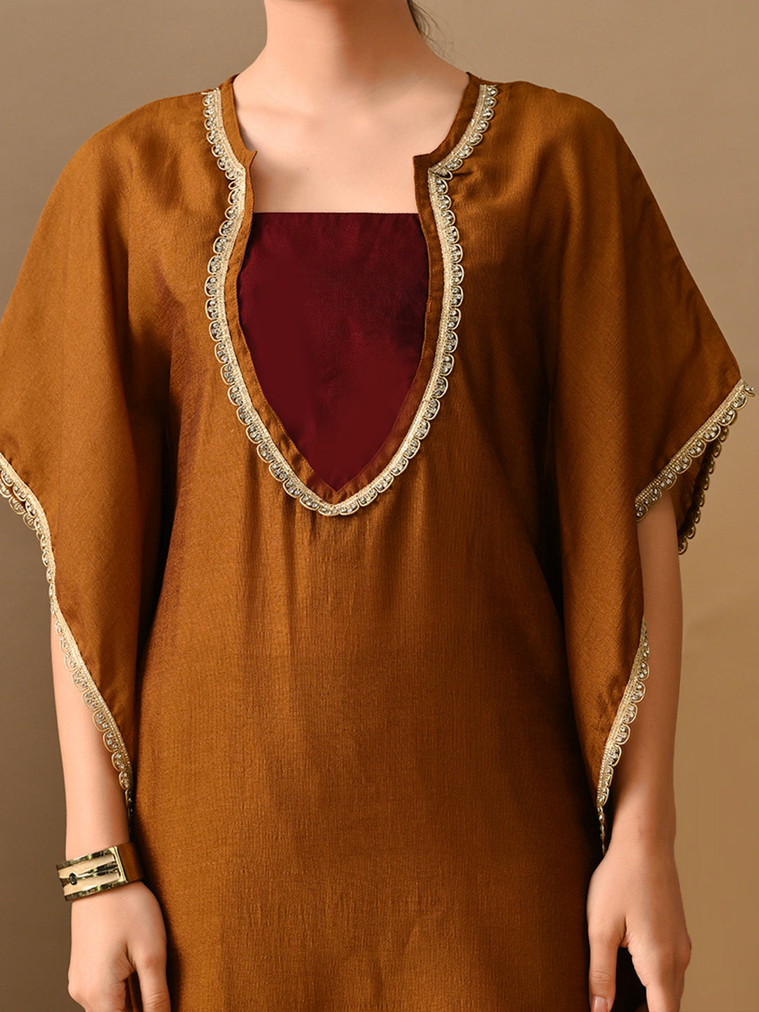 Myshka Mustard Silk Blend Kaftan Sweetheart Neck Short Sleeves Kurta Trousers With Dupatta