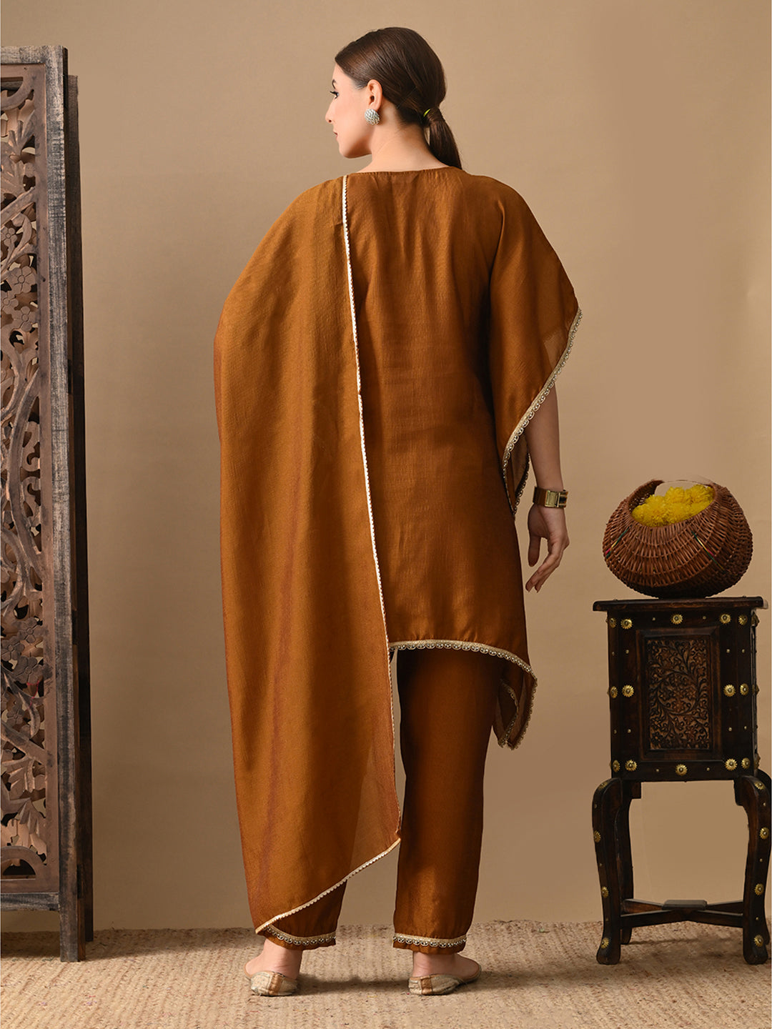 Myshka Mustard Silk Blend Kaftan Sweetheart Neck Short Sleeves Kurta Trousers With Dupatta