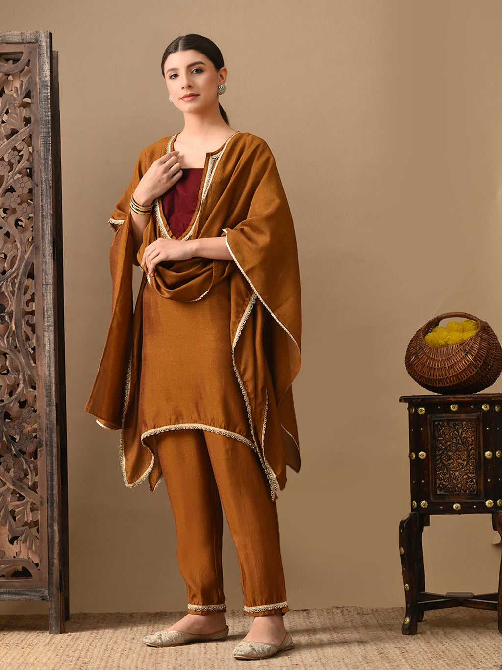 Myshka Mustard Silk Blend Kaftan Sweetheart Neck Short Sleeves Kurta Trousers With Dupatta
