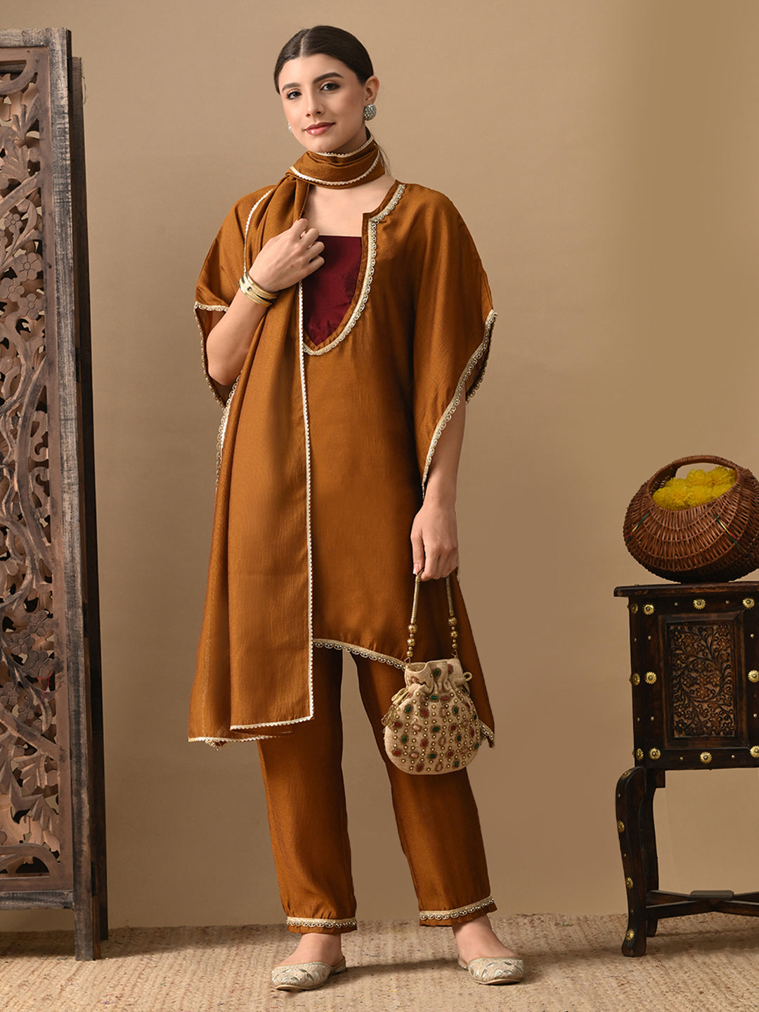 Myshka Mustard Silk Blend Kaftan Sweetheart Neck Short Sleeves Kurta Trousers With Dupatta