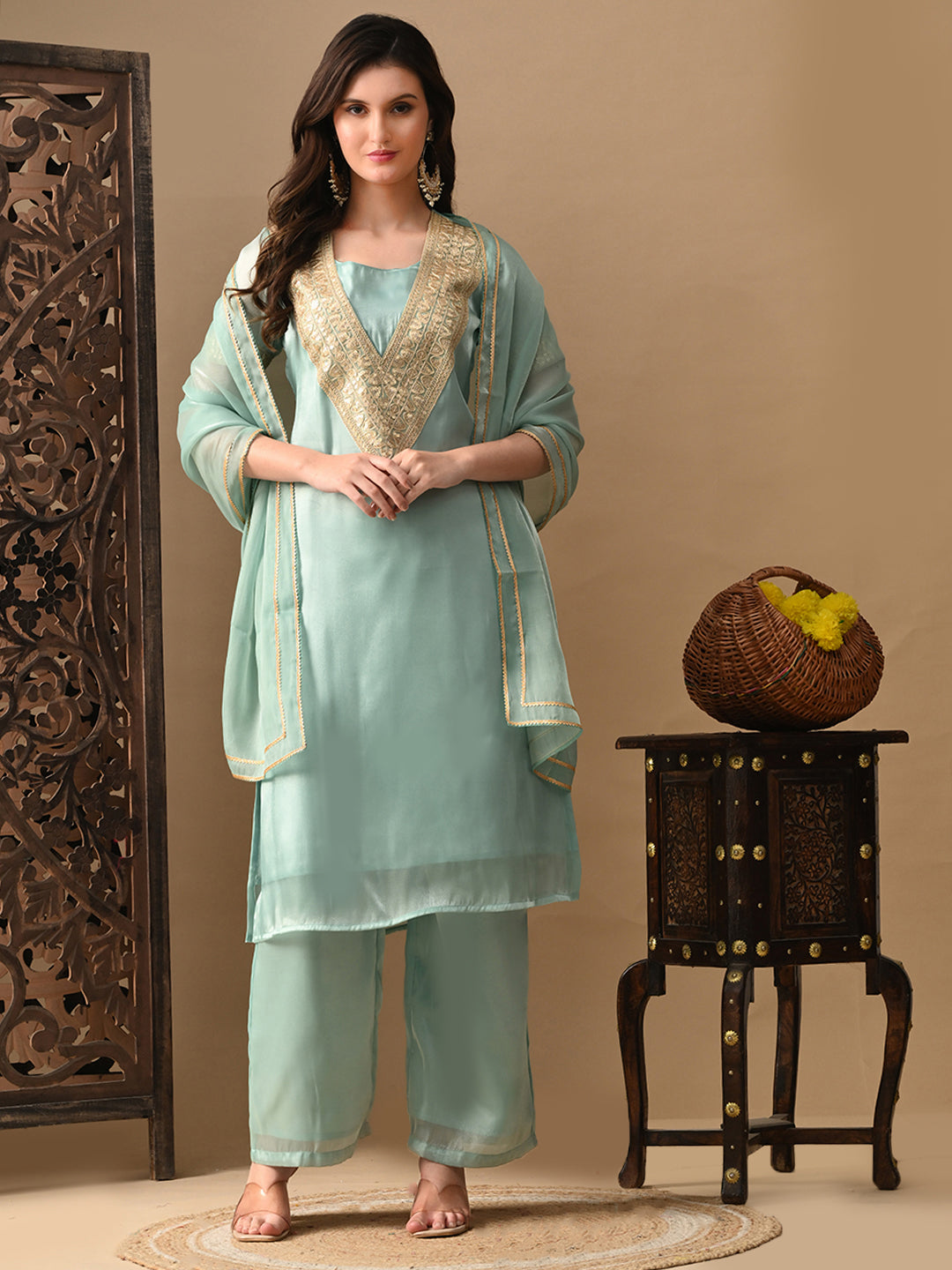 Myshka blue Silk Blend Straight Round Neck Short Sleeves Kurta Trousers With Dupatta