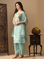 Myshka blue Silk Blend Straight Round Neck Short Sleeves Kurta Trousers With Dupatta
