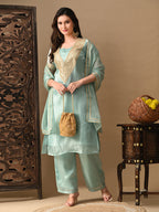 Myshka blue Silk Blend Straight Round Neck Short Sleeves Kurta Trousers With Dupatta