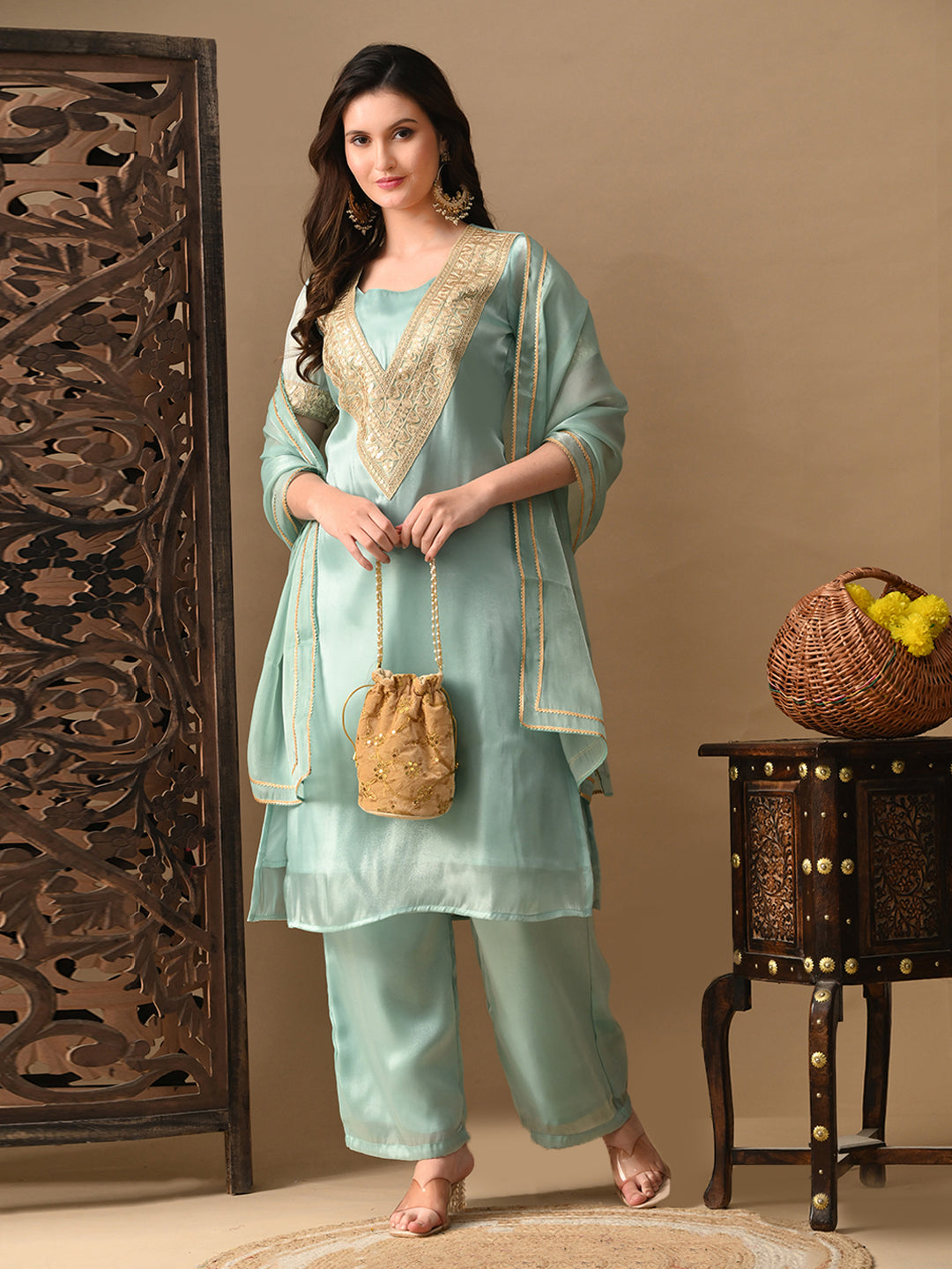 Myshka blue Silk Blend Straight Round Neck Short Sleeves Kurta Trousers With Dupatta