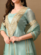 Myshka blue Silk Blend Straight Round Neck Short Sleeves Kurta Trousers With Dupatta