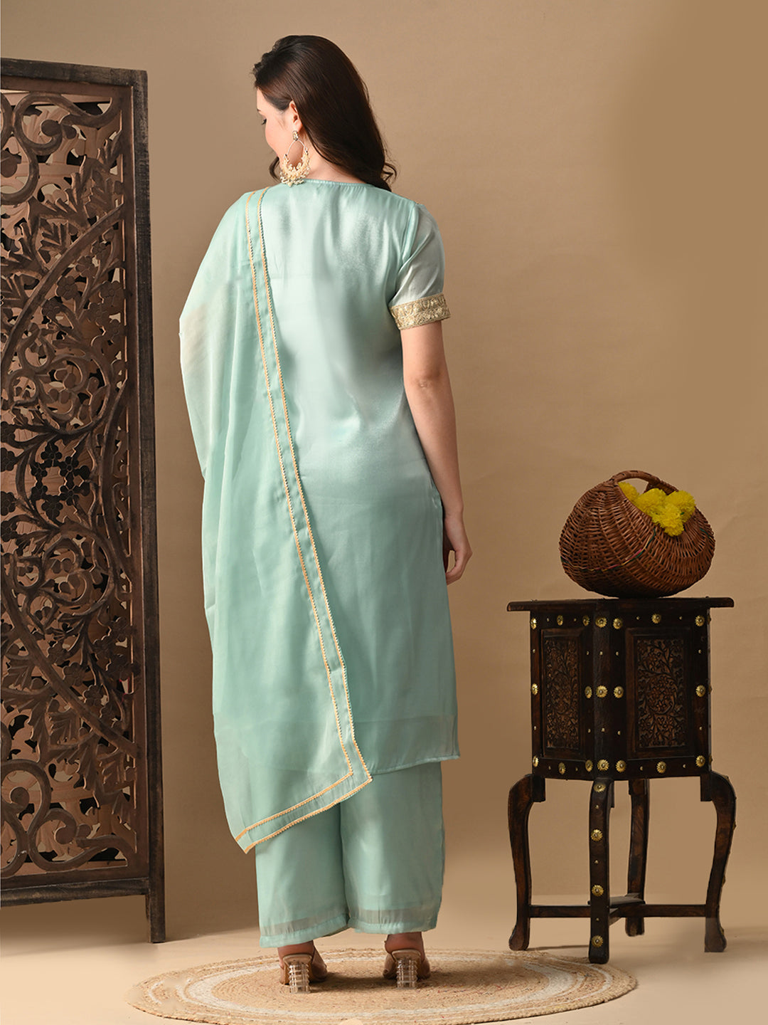 Myshka blue Silk Blend Straight Round Neck Short Sleeves Kurta Trousers With Dupatta
