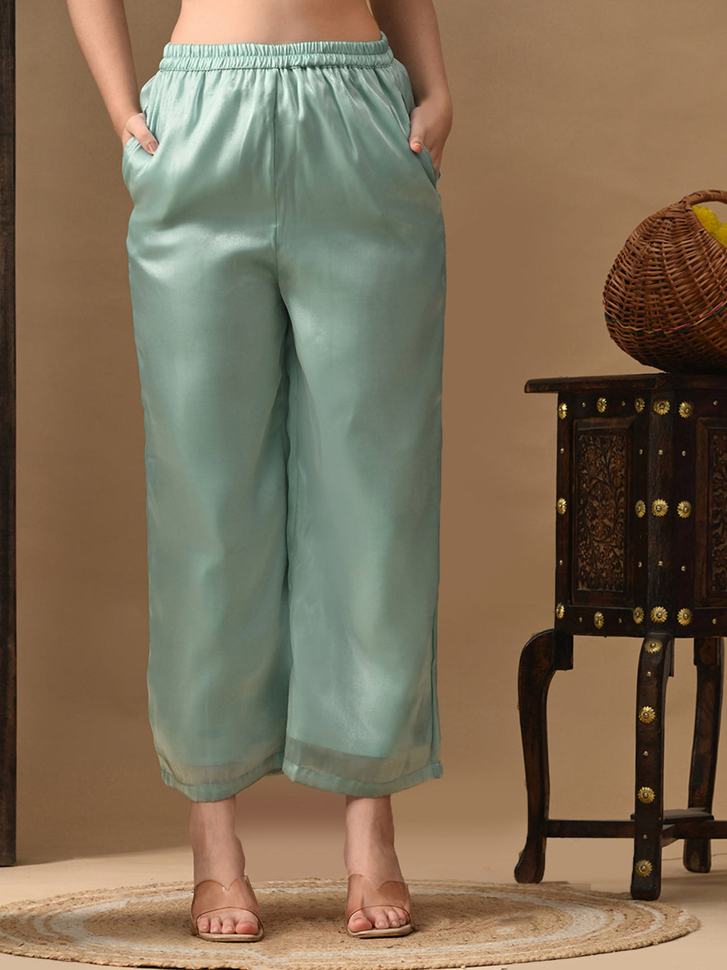 Myshka blue Silk Blend Straight Round Neck Short Sleeves Kurta Trousers With Dupatta