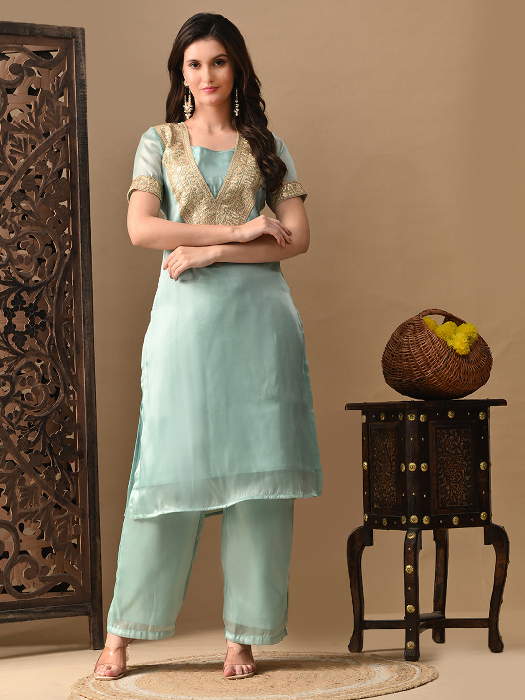 Myshka blue Silk Blend Straight Round Neck Short Sleeves Kurta Trousers With Dupatta