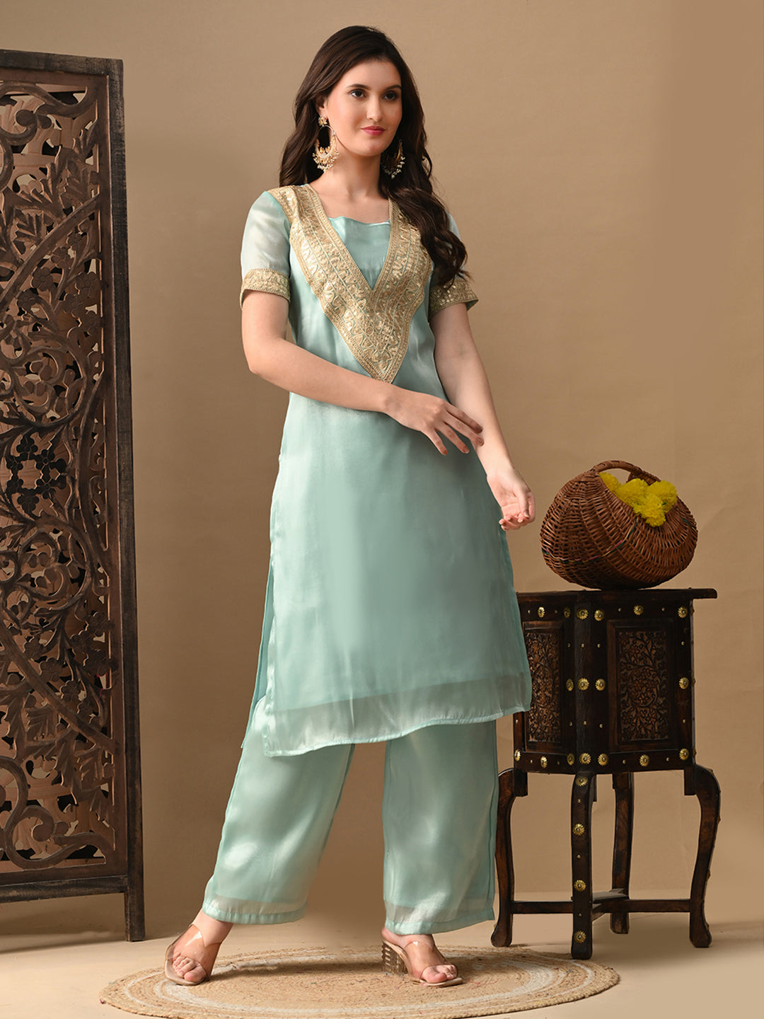 Myshka blue Silk Blend Straight Round Neck Short Sleeves Kurta Trousers With Dupatta