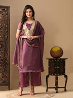Myshka Mauve Silk Blend Straight Round Neck Short Sleeves Kurta Trousers With Dupatta