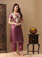 Myshka Mauve Silk Blend Straight Round Neck Short Sleeves Kurta Trousers With Dupatta