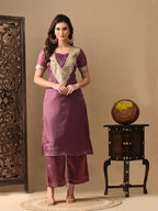 Myshka Mauve Silk Blend Straight Round Neck Short Sleeves Kurta Trousers With Dupatta