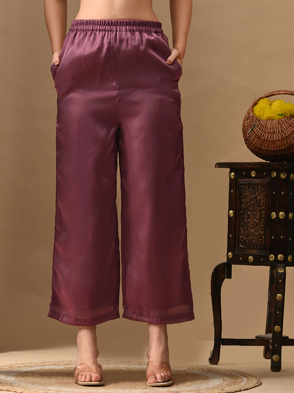 Myshka Mauve Silk Blend Straight Round Neck Short Sleeves Kurta Trousers With Dupatta
