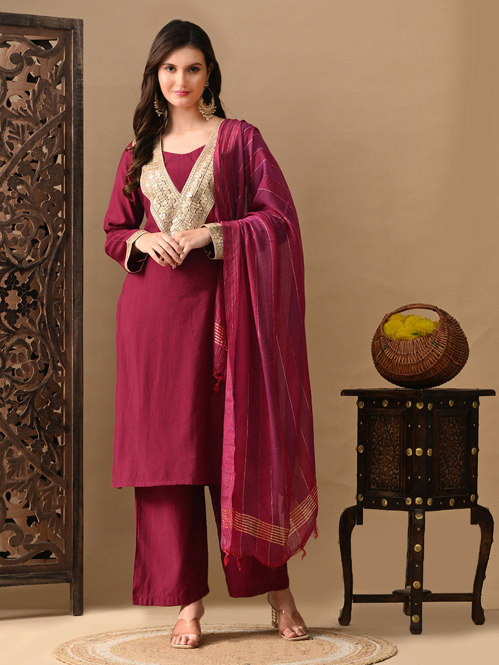 Myshka Wine Silk Blend Straight Round Neck Long Sleeves Kurta Trousers With Dupatta