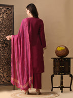 Myshka Wine Silk Blend Straight Round Neck Long Sleeves Kurta Trousers With Dupatta