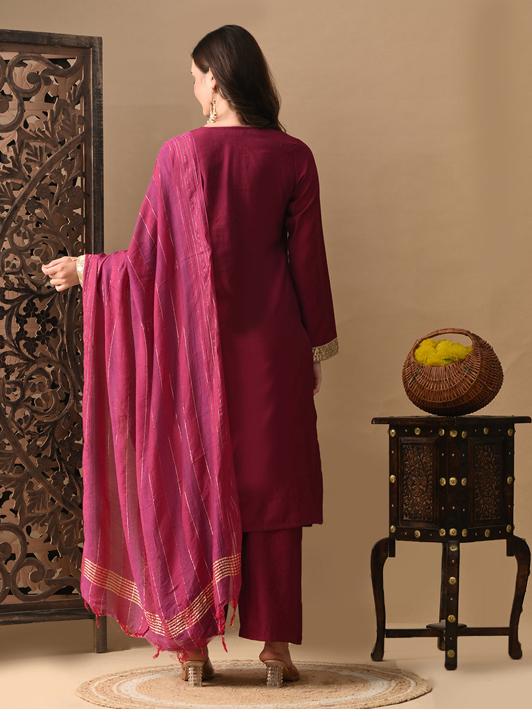 Myshka Wine Silk Blend Straight Round Neck Long Sleeves Kurta Trousers With Dupatta