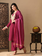 Myshka Wine Silk Blend Straight Round Neck Long Sleeves Kurta Trousers With Dupatta