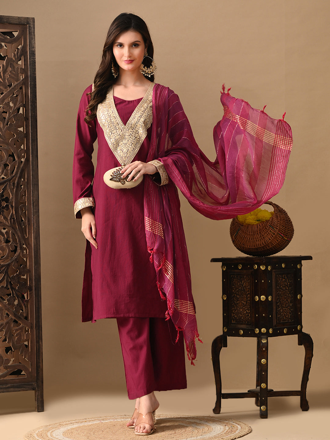 Myshka Wine Silk Blend Straight Round Neck Long Sleeves Kurta Trousers With Dupatta