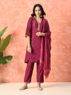 Myshka Wine Silk Blend Straight V-Neck Three-Quarter Sleeves Kurta Trousers With Dupatta