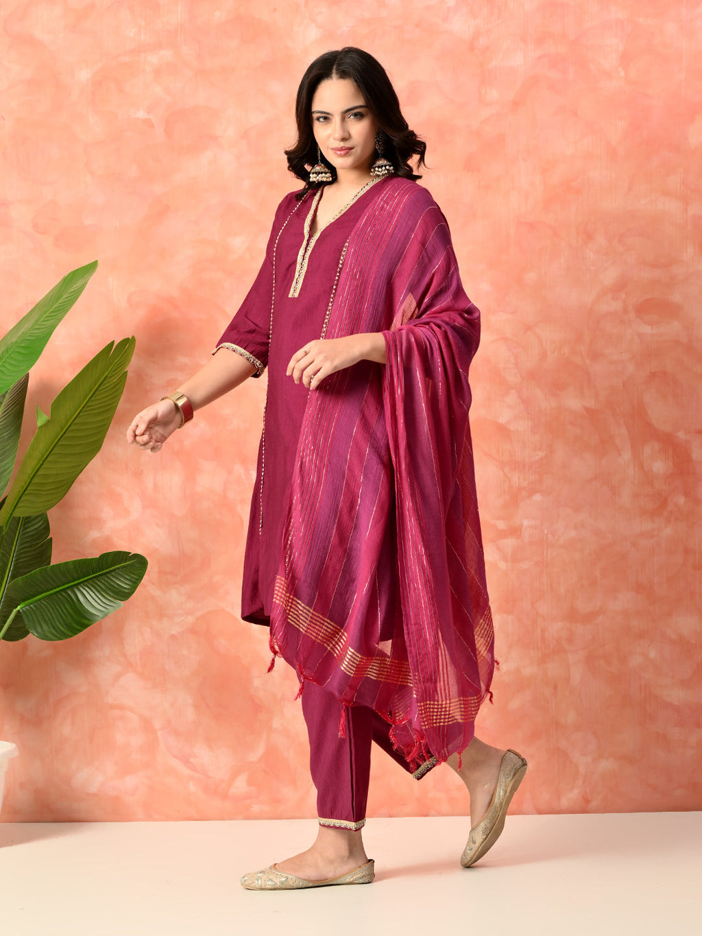 Myshka Wine Silk Blend Straight V-Neck Three-Quarter Sleeves Kurta Trousers With Dupatta