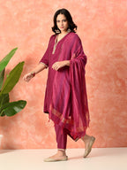 Myshka Wine Silk Blend Straight V-Neck Three-Quarter Sleeves Kurta Trousers With Dupatta
