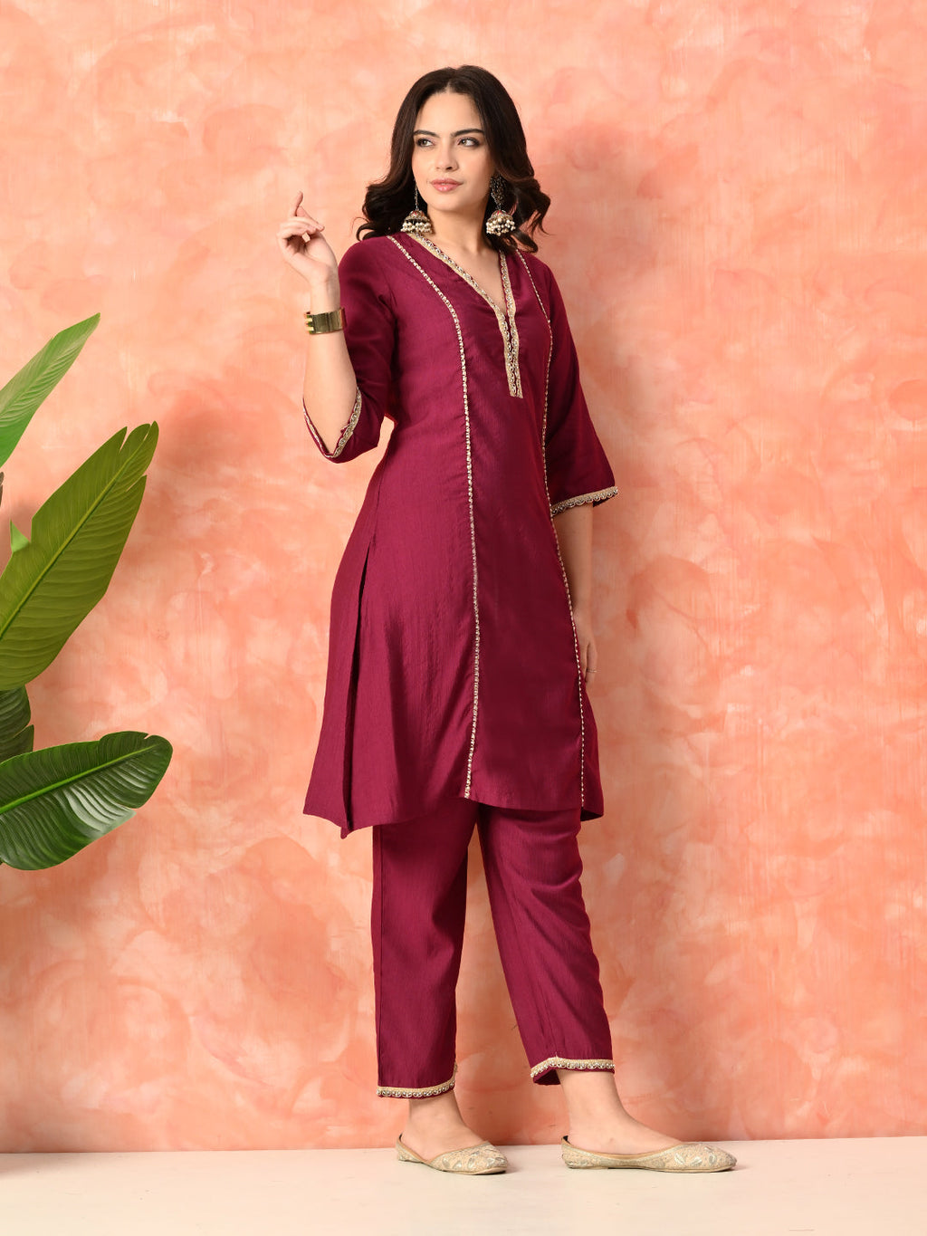 Myshka Wine Silk Blend Straight V-Neck Three-Quarter Sleeves Kurta Trousers With Dupatta