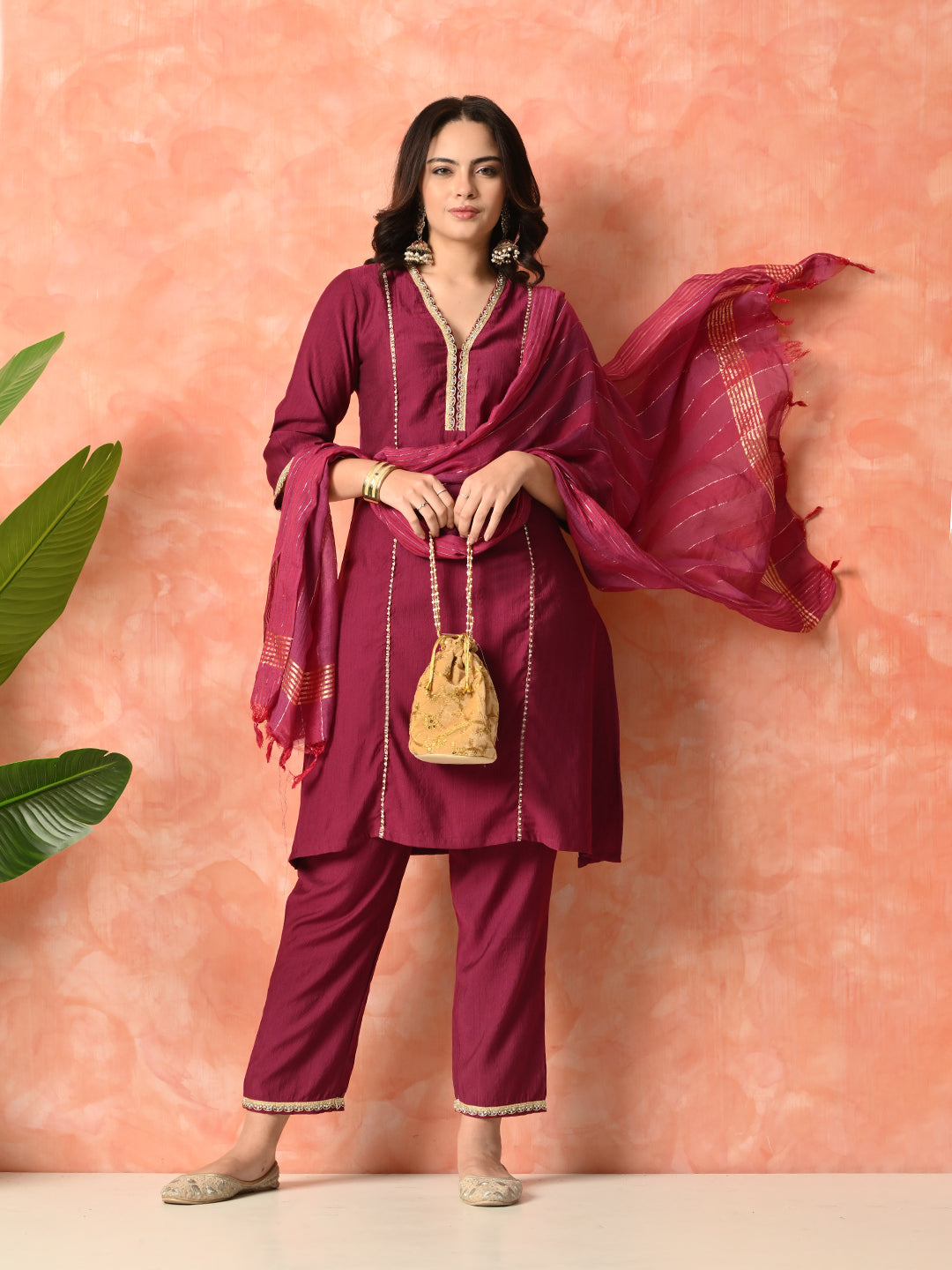 Myshka Wine Silk Blend Straight V-Neck Three-Quarter Sleeves Kurta Trousers With Dupatta