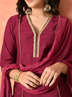 Myshka Wine Silk Blend Straight V-Neck Three-Quarter Sleeves Kurta Trousers With Dupatta