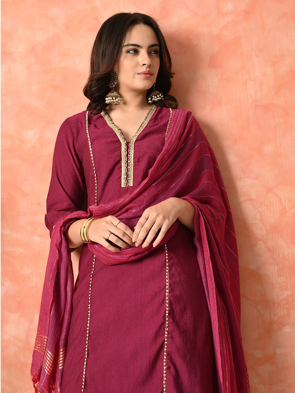 Myshka Wine Silk Blend Straight V-Neck Three-Quarter Sleeves Kurta Trousers With Dupatta