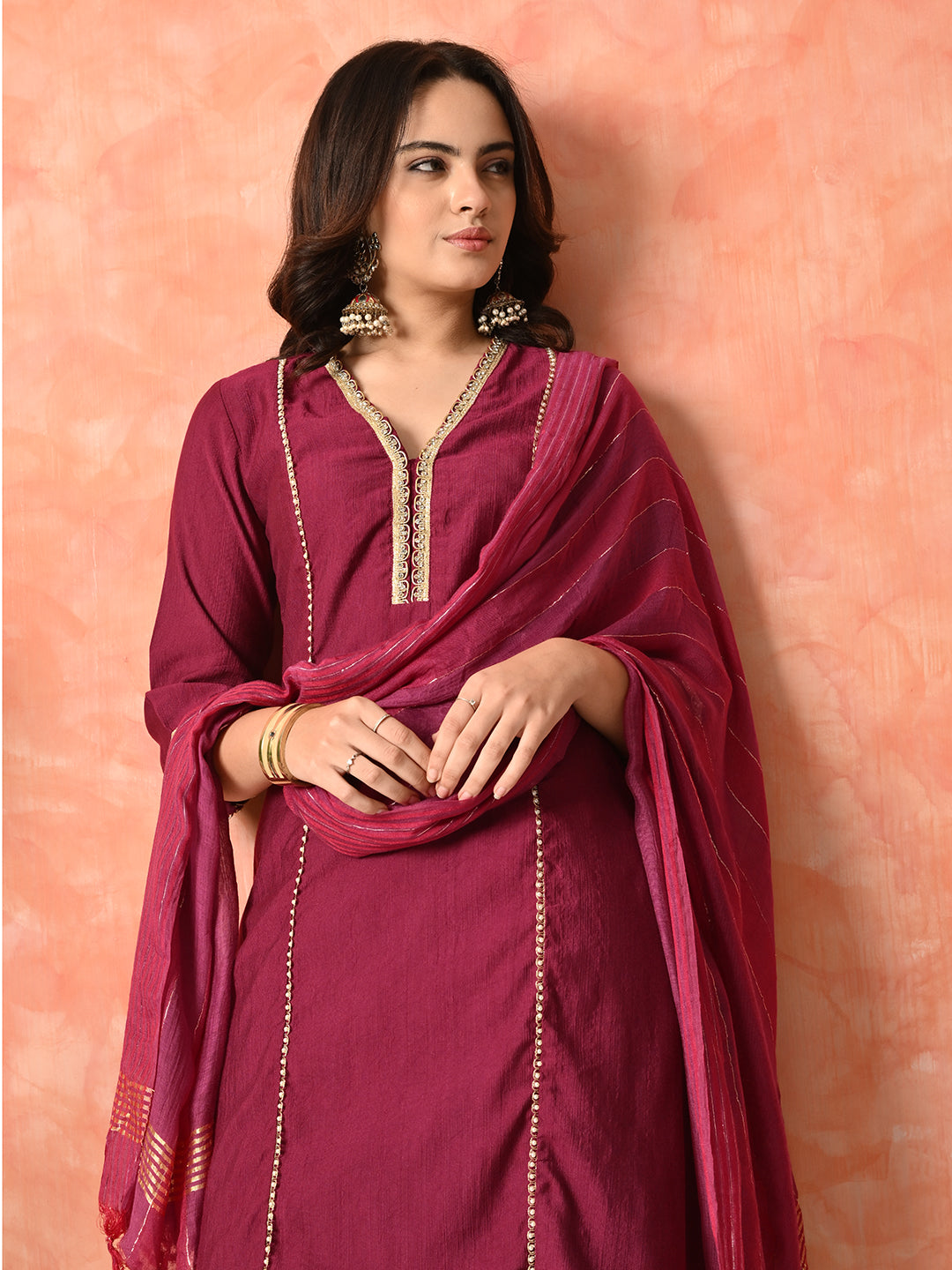 Myshka Wine Silk Blend Straight V-Neck Three-Quarter Sleeves Kurta Trousers With Dupatta