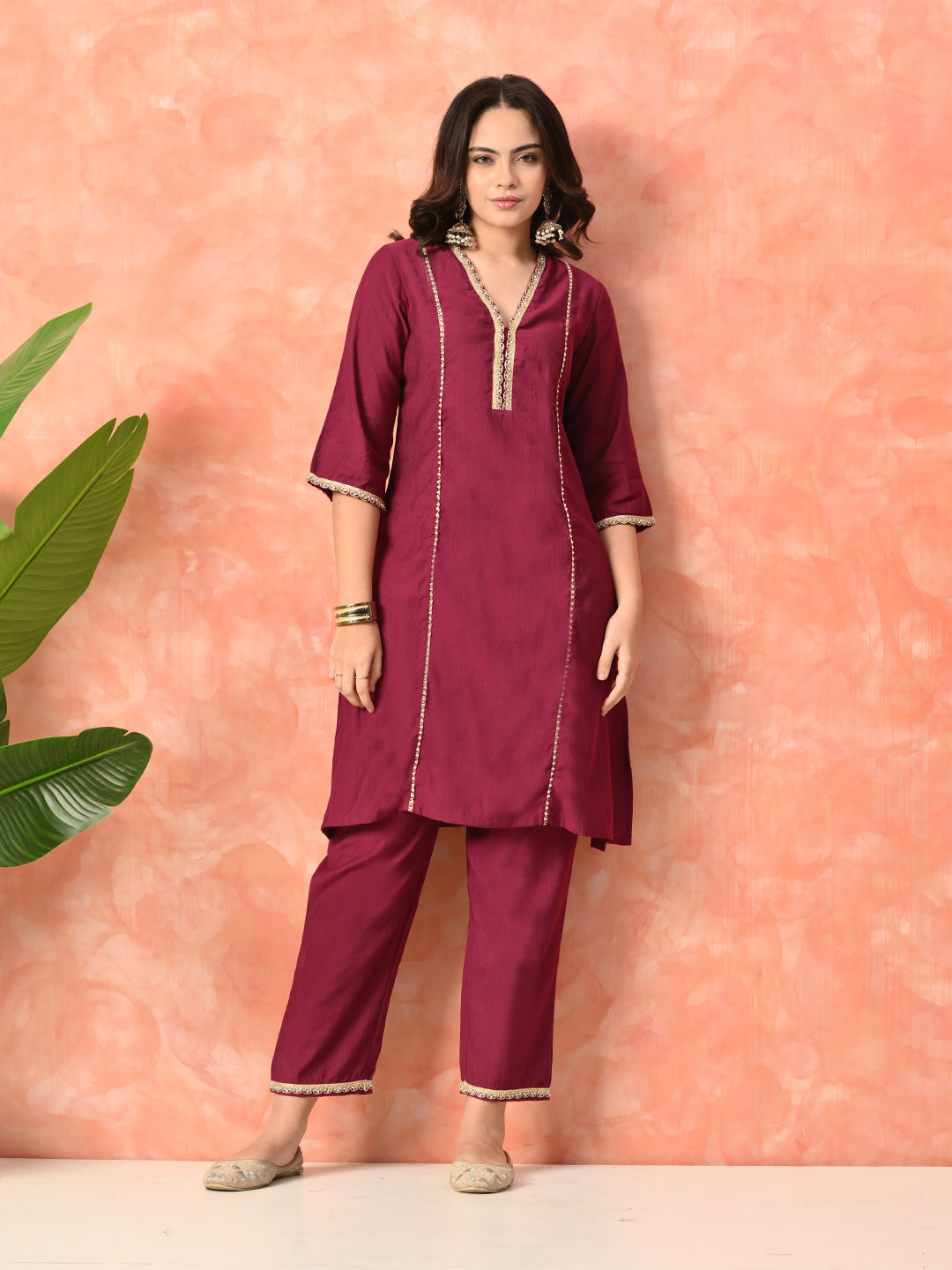 Myshka Wine Silk Blend Straight V-Neck Three-Quarter Sleeves Kurta Trousers With Dupatta