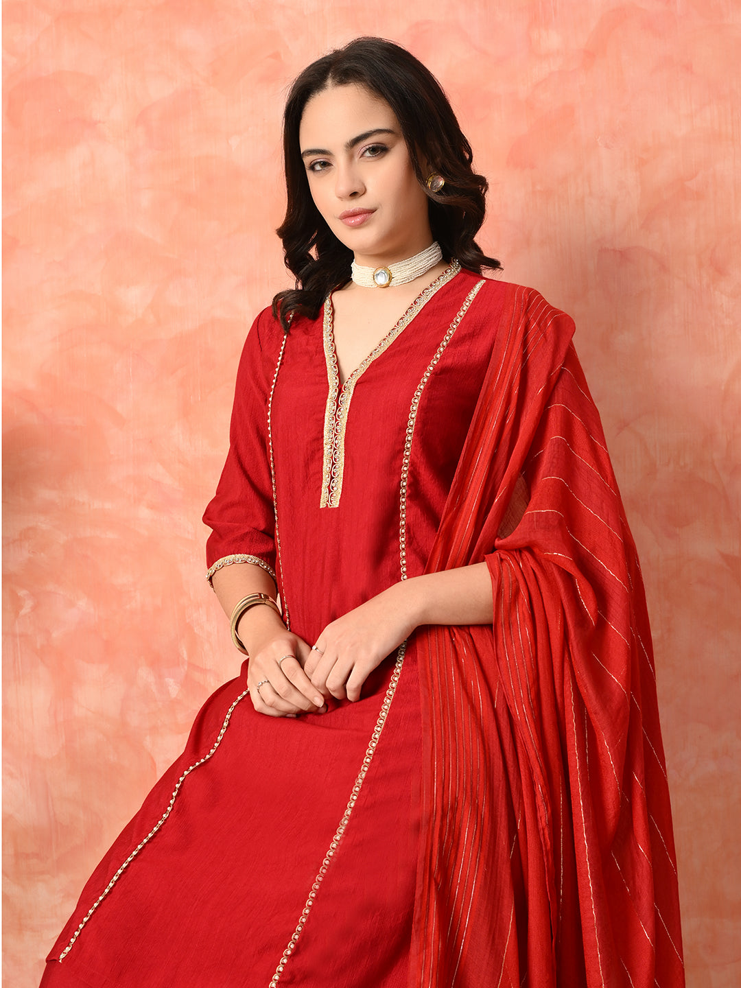 Myshka Red Silk Blend Straight V-Neck Three-Quarter Sleeves Kurta Trousers With Dupatta
