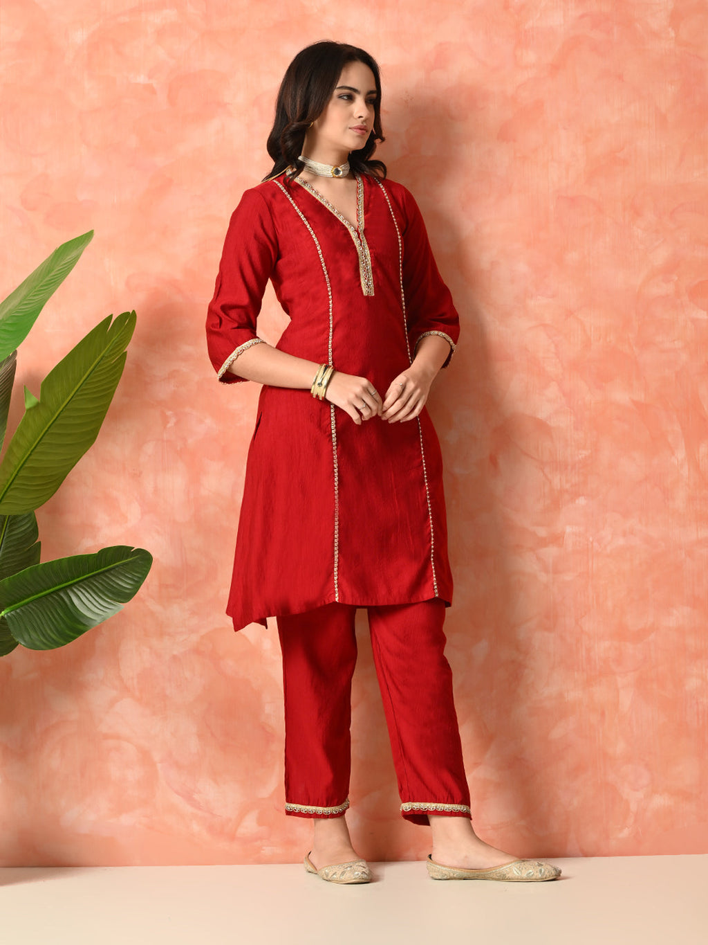 Myshka Red Silk Blend Straight V-Neck Three-Quarter Sleeves Kurta Trousers With Dupatta