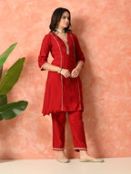 Myshka Red Silk Blend Straight V-Neck Three-Quarter Sleeves Kurta Trousers With Dupatta