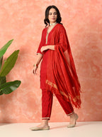 Myshka Red Silk Blend Straight V-Neck Three-Quarter Sleeves Kurta Trousers With Dupatta