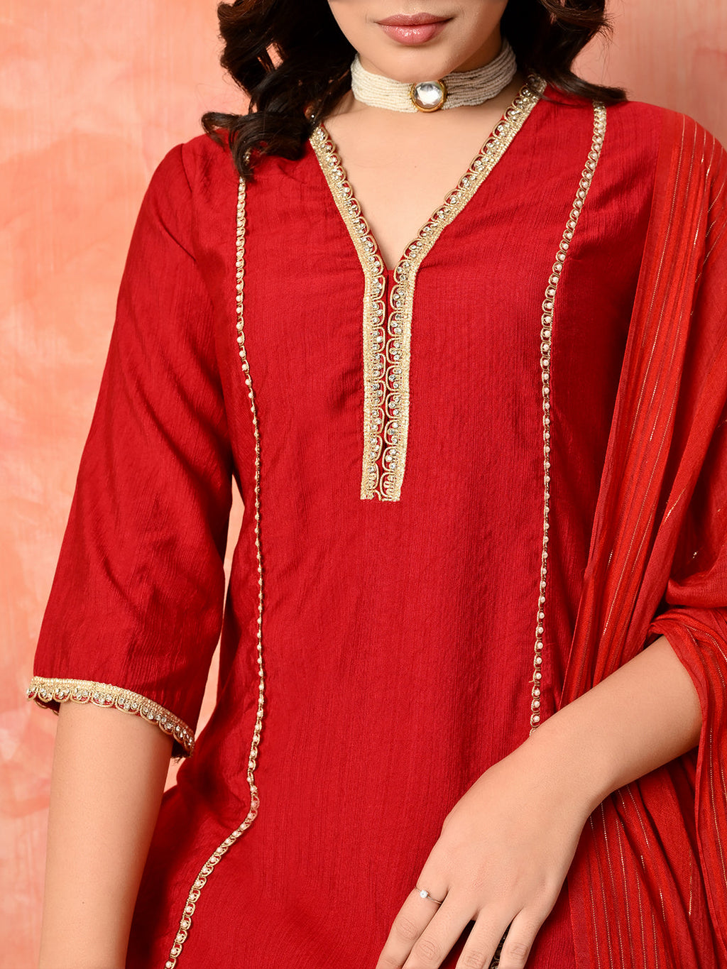 Myshka Red Silk Blend Straight V-Neck Three-Quarter Sleeves Kurta Trousers With Dupatta