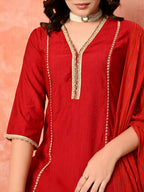 Myshka Red Silk Blend Straight V-Neck Three-Quarter Sleeves Kurta Trousers With Dupatta