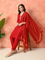 Myshka Red Silk Blend Straight V-Neck Three-Quarter Sleeves Kurta Trousers With Dupatta