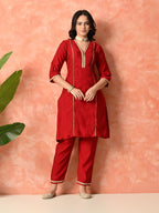 Myshka Red Silk Blend Straight V-Neck Three-Quarter Sleeves Kurta Trousers With Dupatta