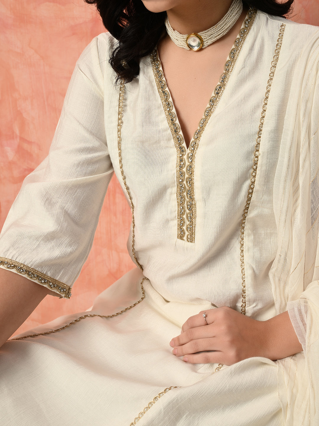 Myshka White Silk Blend Straight V-Neck Three-Quarter Sleeves Kurta Trousers With Dupatta