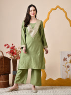 Myshka Green Silk Blend Straight Round Neck Long Sleeves Kurta Trousers Set