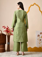 Myshka Green Silk Blend Straight Round Neck Long Sleeves Kurta Trousers Set