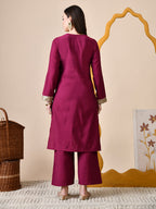 Myshka Wine Silk Blend Straight Round Neck Long Sleeves Kurta Trousers Set