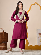 Myshka Wine Silk Blend Straight Round Neck Long Sleeves Kurta Trousers Set