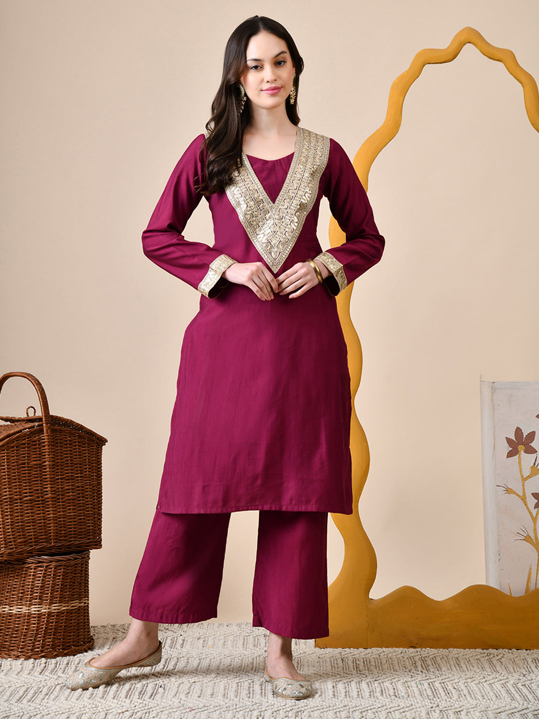 Myshka Wine Silk Blend Straight Round Neck Long Sleeves Kurta Trousers Set
