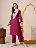Myshka Wine Silk Blend Straight Round Neck Long Sleeves Kurta Trousers Set