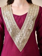 Myshka Wine Silk Blend Straight Round Neck Long Sleeves Kurta Trousers Set