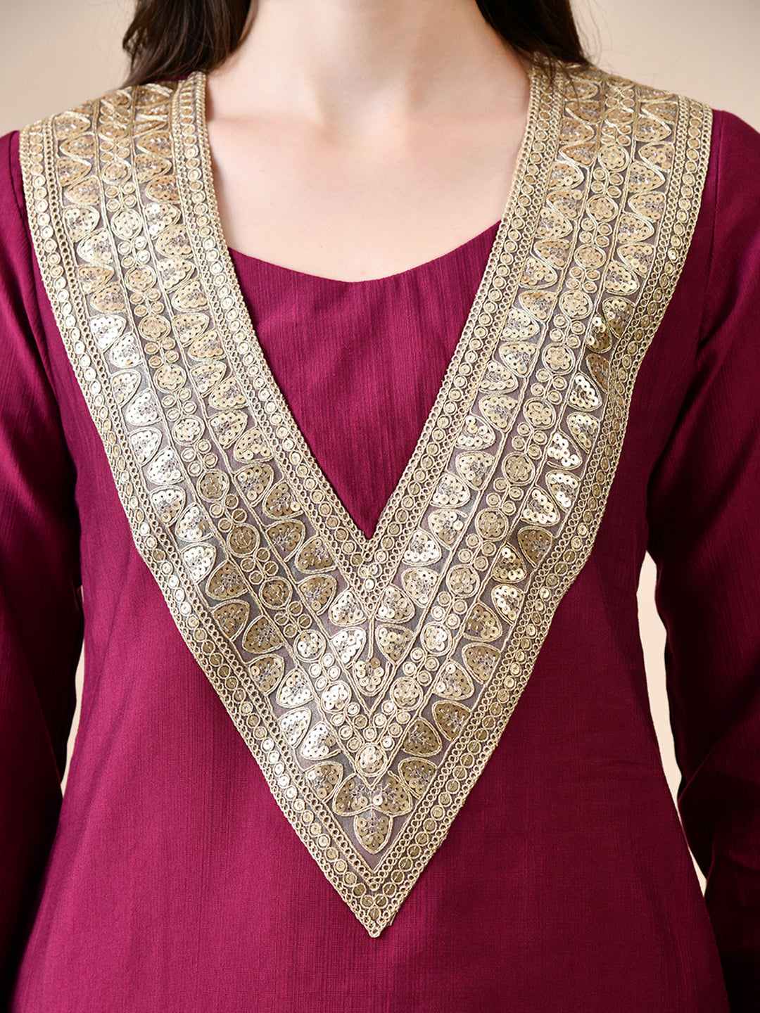 Myshka Wine Silk Blend Straight Round Neck Long Sleeves Kurta Trousers Set